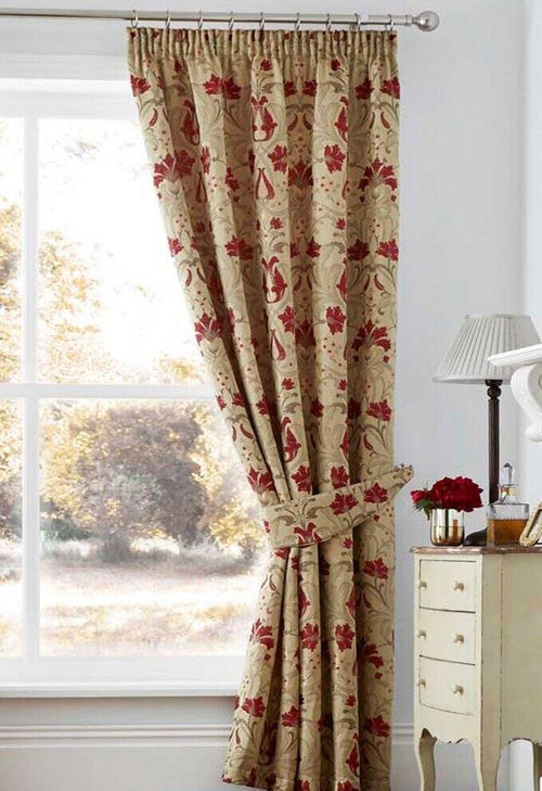 168x228cm-66"x90" Jacquard Damask TAPESTRY Pencil Pleat Lined Curtains, Red/Gold